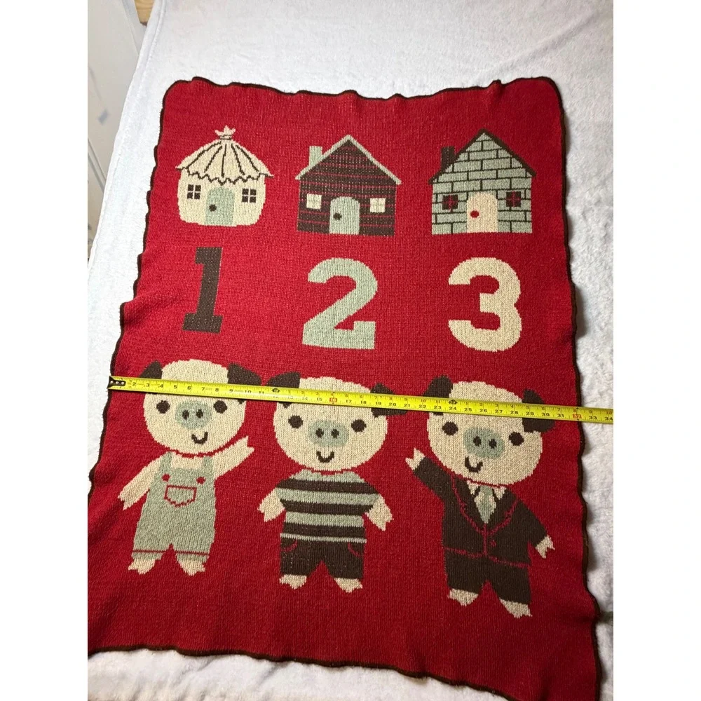 Green 3 Three Little Pigs Knit Throw Blanket Red Recycled Cotton Made in USA
